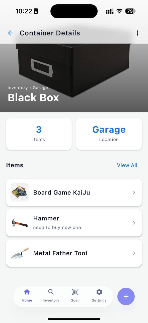 Behälter Schwarze Kiste in BoxIndex mit Ort Garage und drei gelagerten Gegenständen