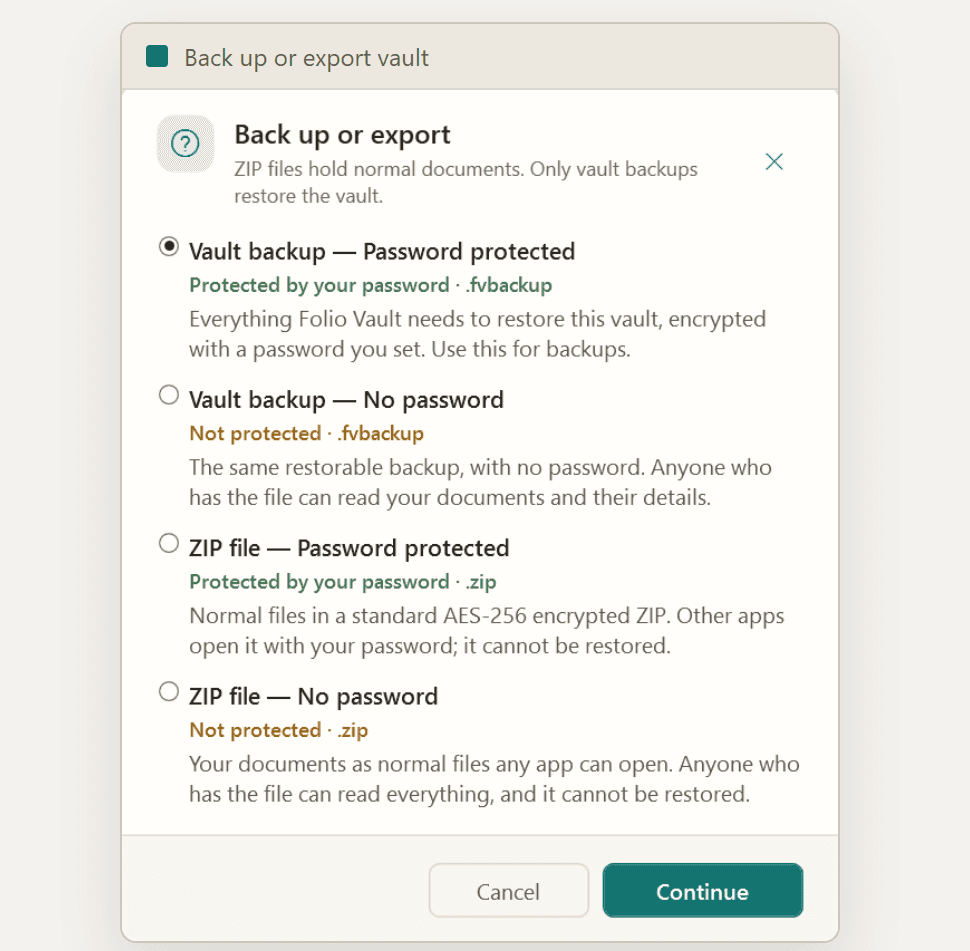 Back up or export vault dialog offering an encrypted backup or an explicitly labeled readable export