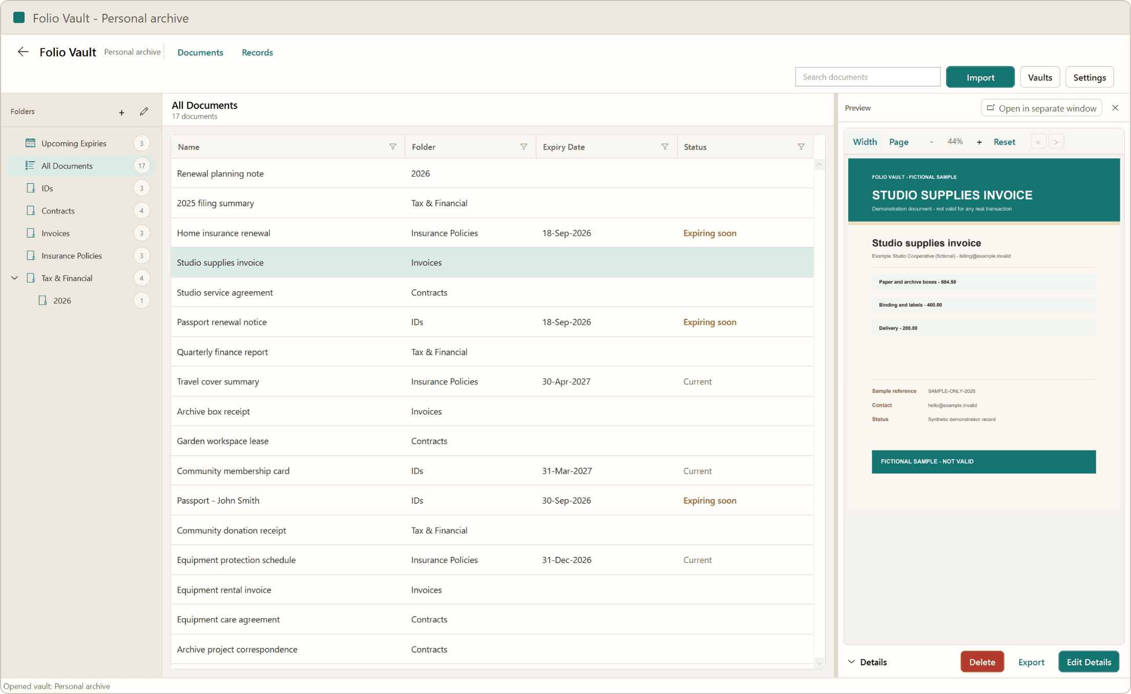 Folio Vault main window showing a folder tree, a document list with expiry status, and a PDF invoice preview beside the list