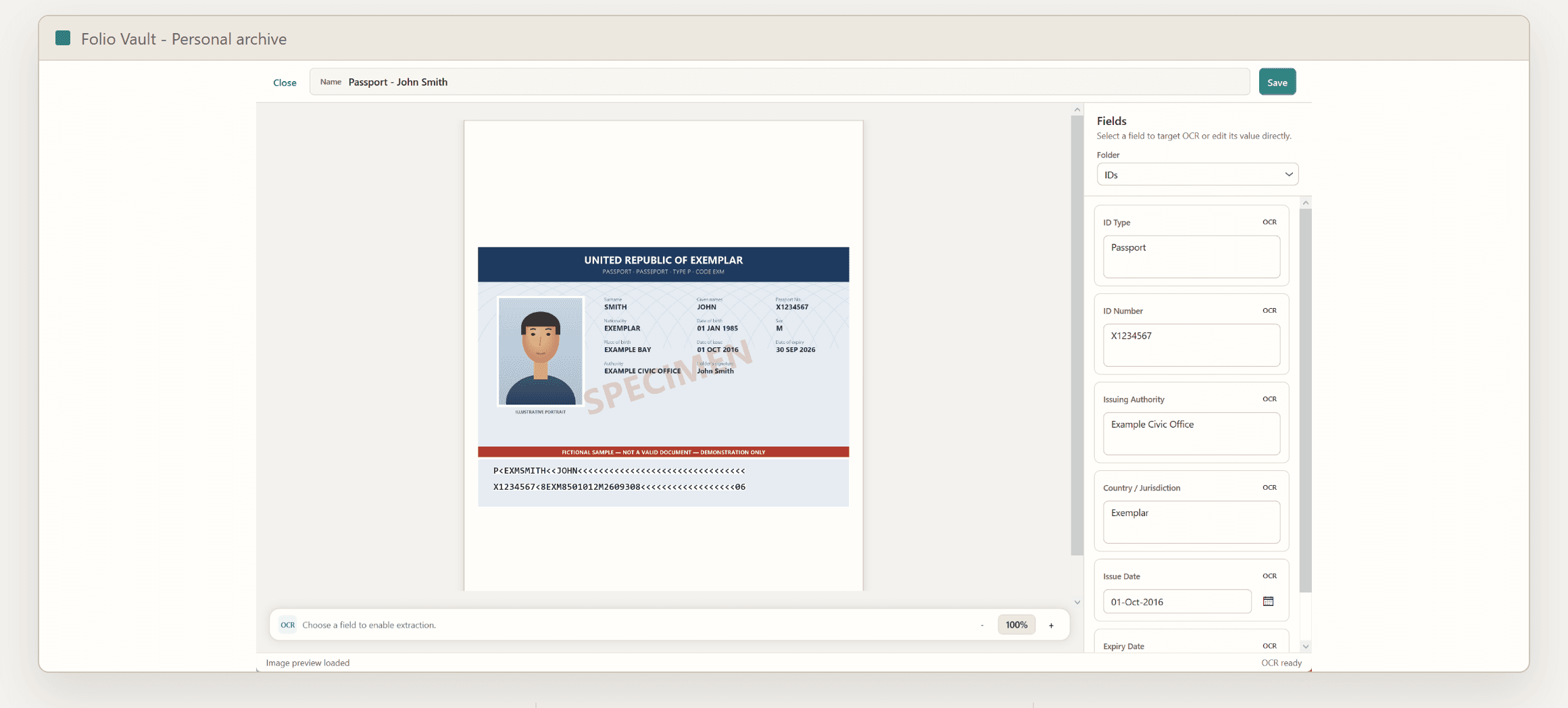 Document editor showing a passport alongside ID Number, Issuing Authority and Issue Date fields with OCR controls