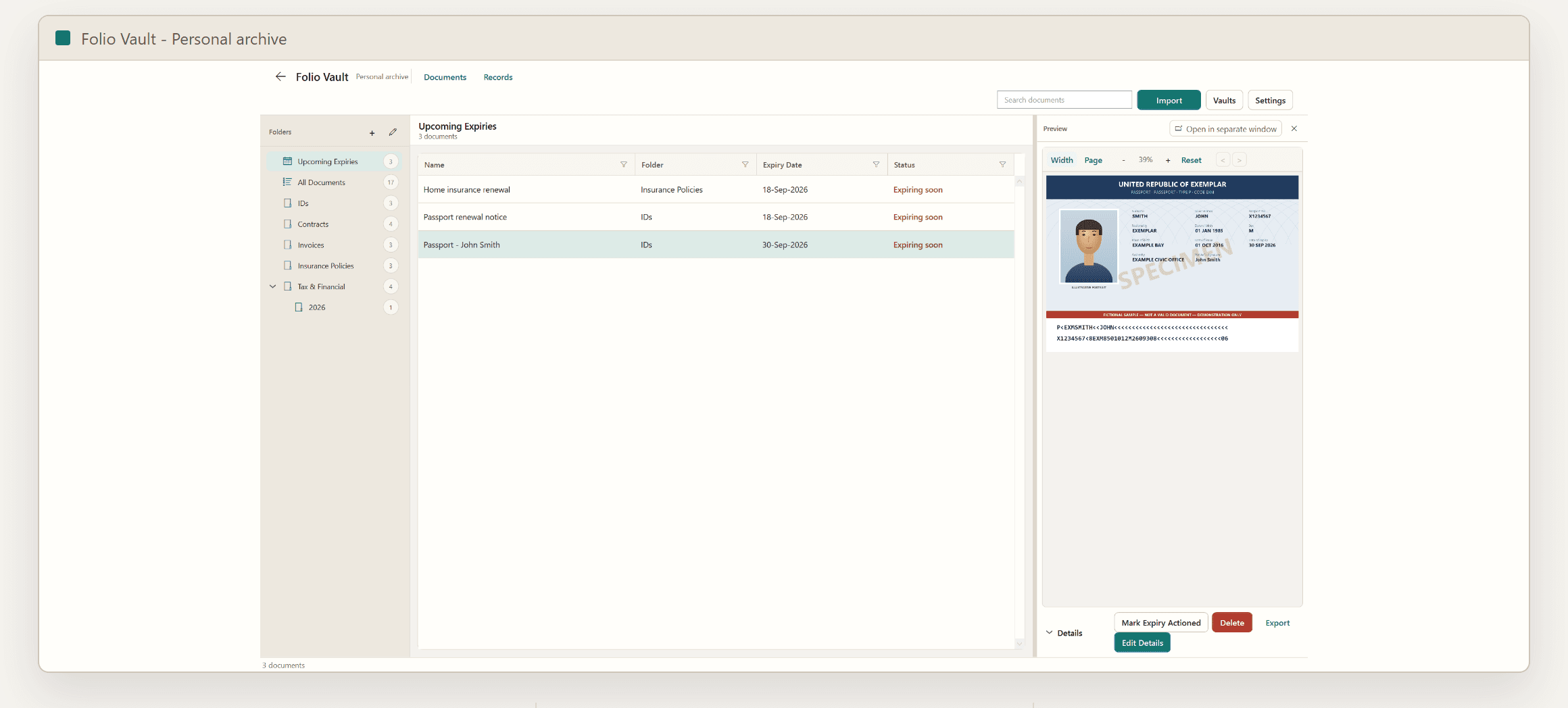 Upcoming Expiries view showing expired and expiring-soon documents with status labels