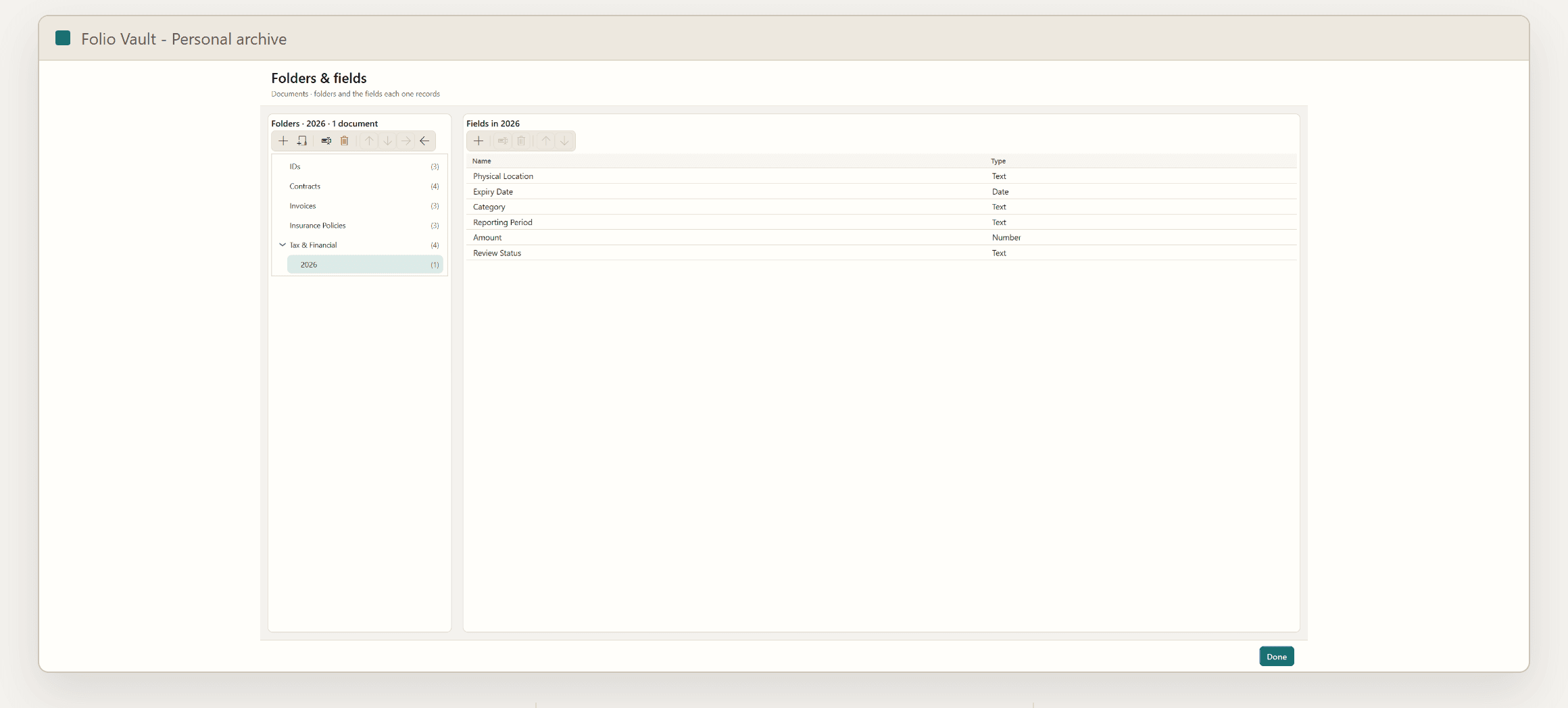 Folders and fields settings for a nested 2026 tax folder with its own custom fields