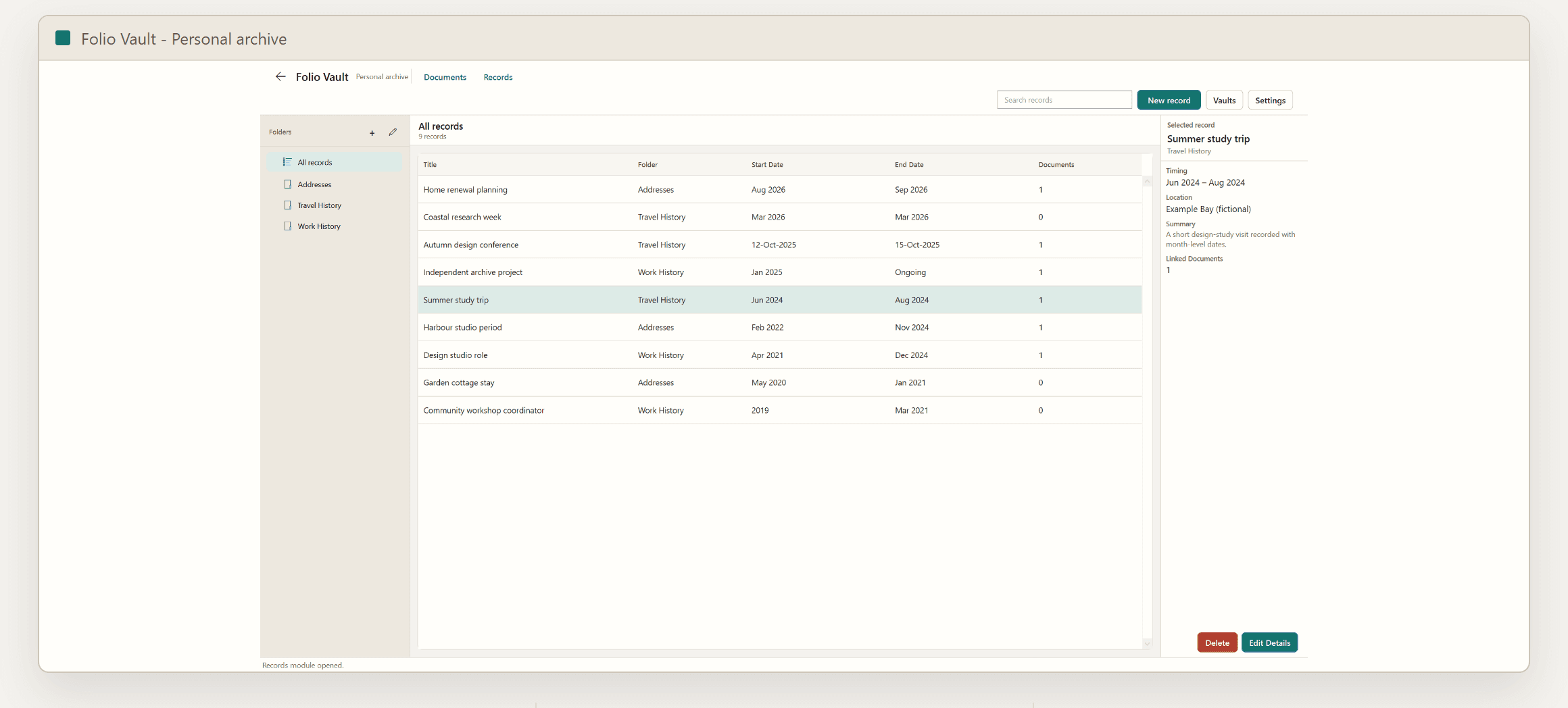 Records module listing addresses, travel history, and work history entries with start and end dates, and a selected record's timing, location, and summary