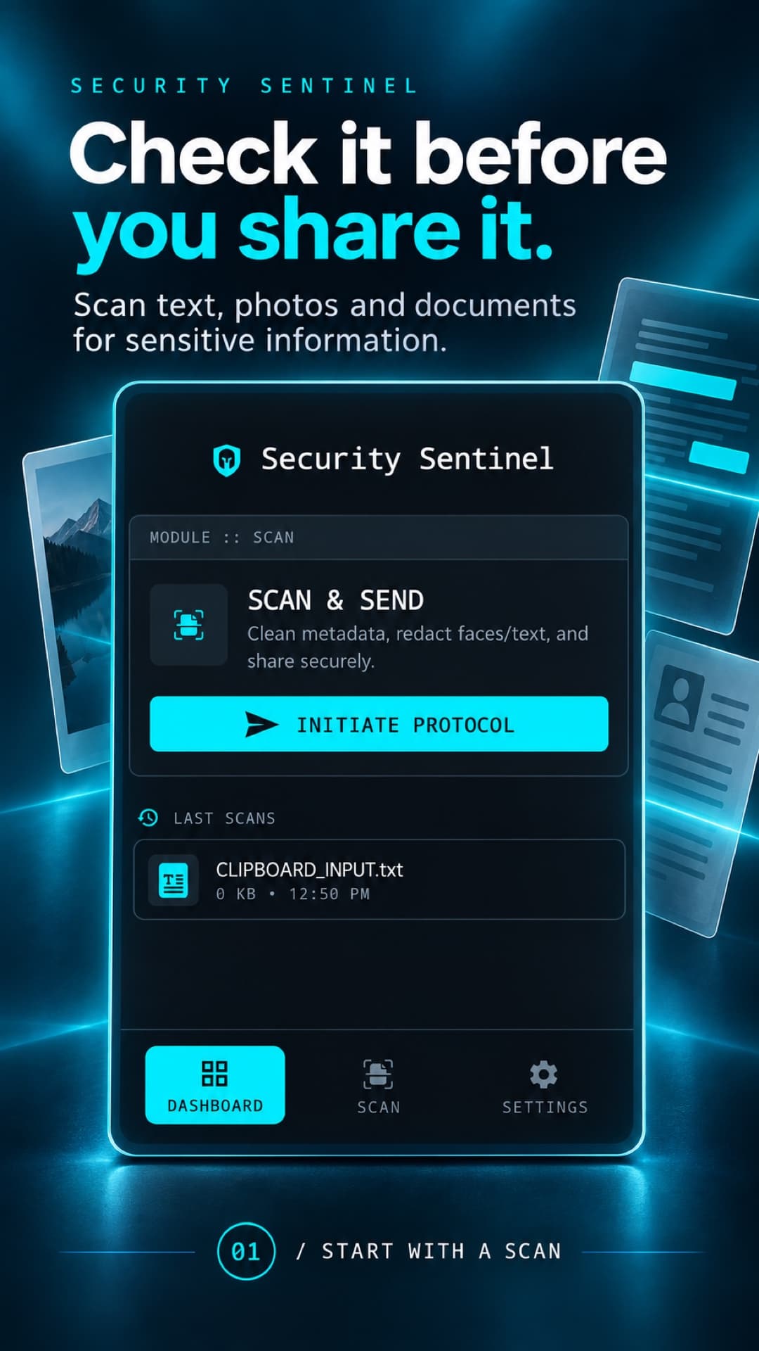 Security Sentinel dashboard, presented with the headline Check it before you share it.
