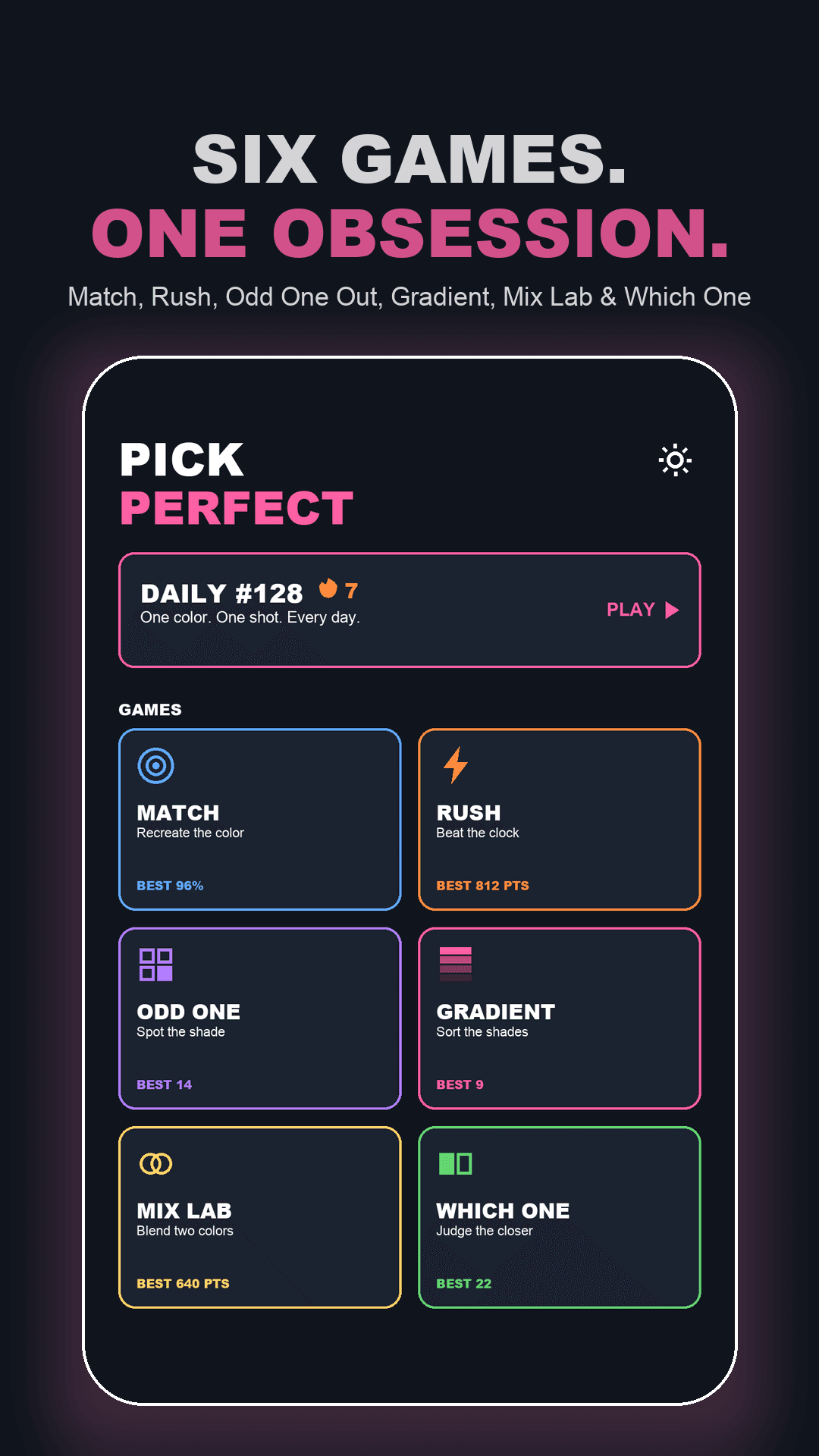 PickPerfect home with six colorful game mode cards and a daily challenge