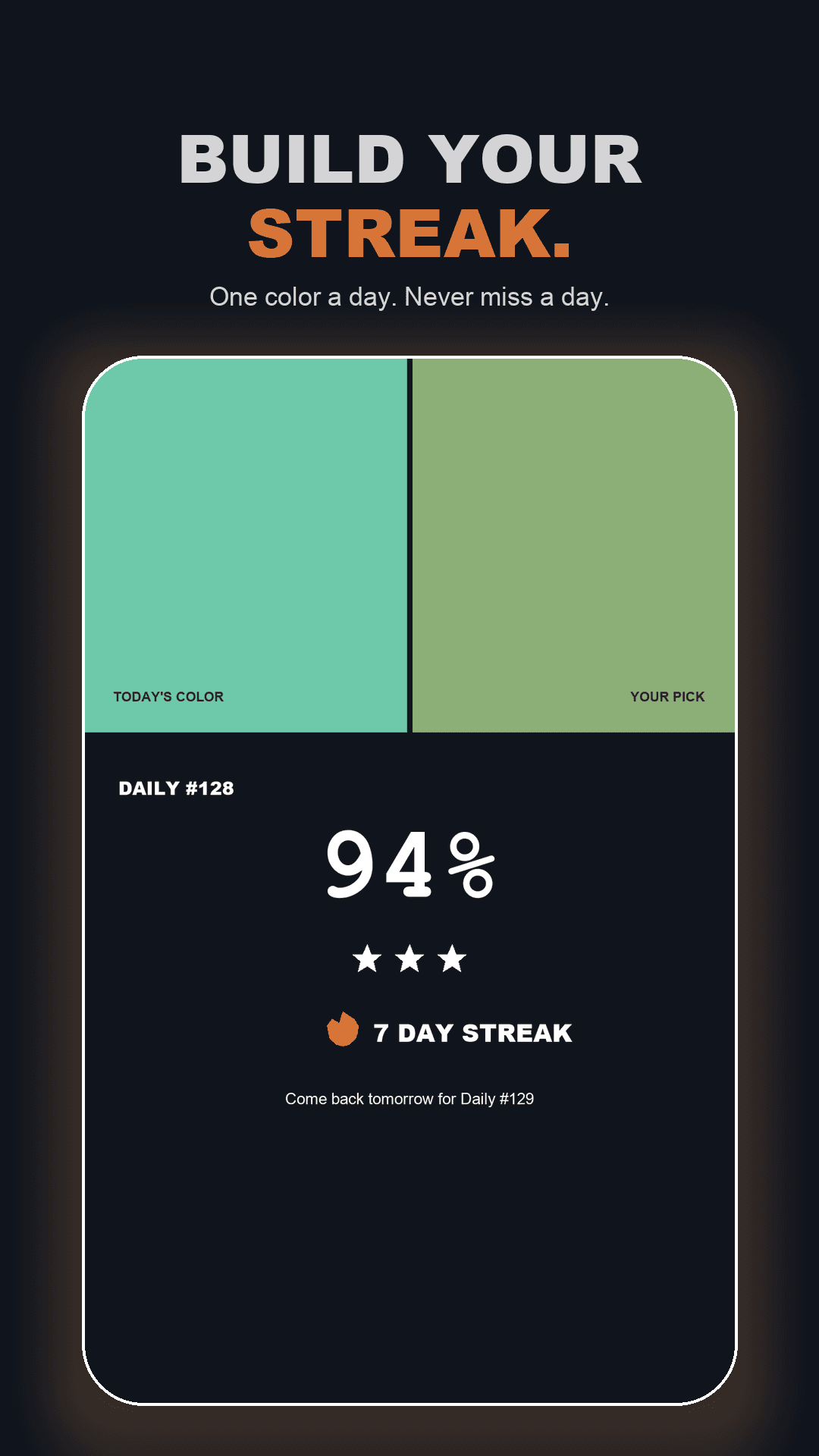Daily challenge result comparing the target and picked colors, with a game score and play streak