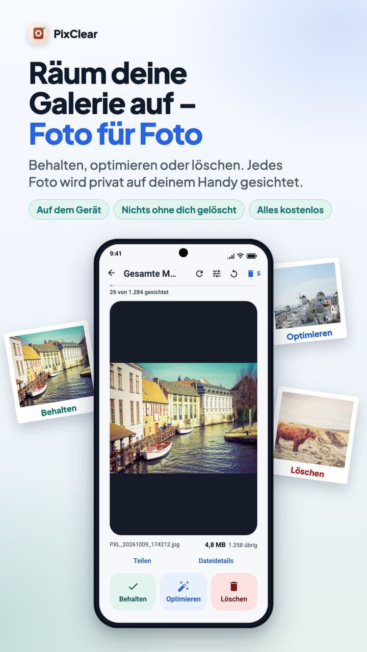 PixClear-Sichtungsansicht mit den Tasten Behalten, Optimieren und Löschen unter dem Foto einer Stadt am Kanal.