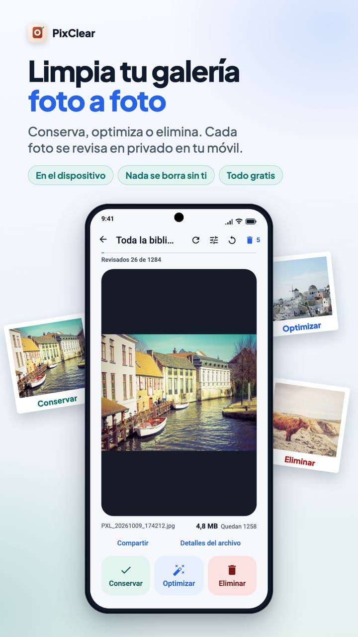 Pantalla de revisión de PixClear con los botones Conservar, Optimizar y Eliminar bajo la foto de un pueblo con canal.
