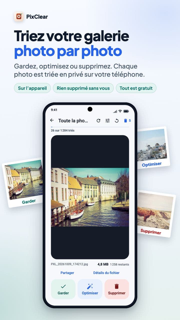 Écran de tri PixClear avec les boutons Garder, Optimiser et Supprimer sous la photo d’une ville au bord d’un canal.