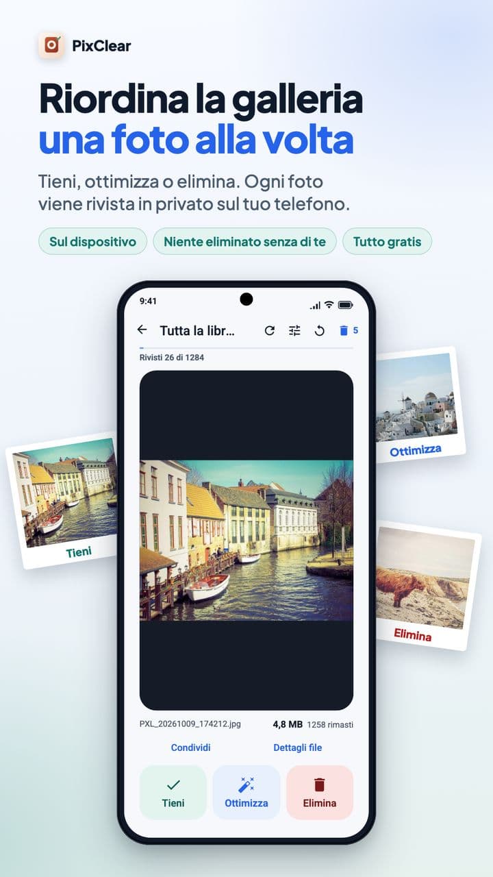 Schermata di revisione di PixClear con i pulsanti Tieni, Ottimizza ed Elimina sotto la foto di una città sul canale.