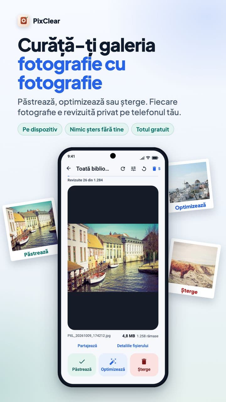 Ecranul de revizuire PixClear cu butoanele Păstrează, Optimizează și Șterge sub fotografia unui oraș cu canal.