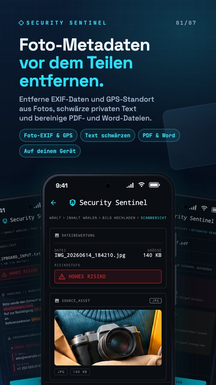 Foto-Bericht von Security Sentinel mit der Überschrift Foto-Metadaten vor dem Teilen entfernen.