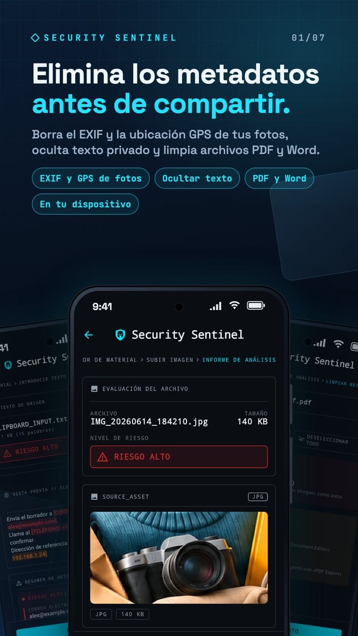 Informe de foto de Security Sentinel con el titular Elimina los metadatos antes de compartir.
