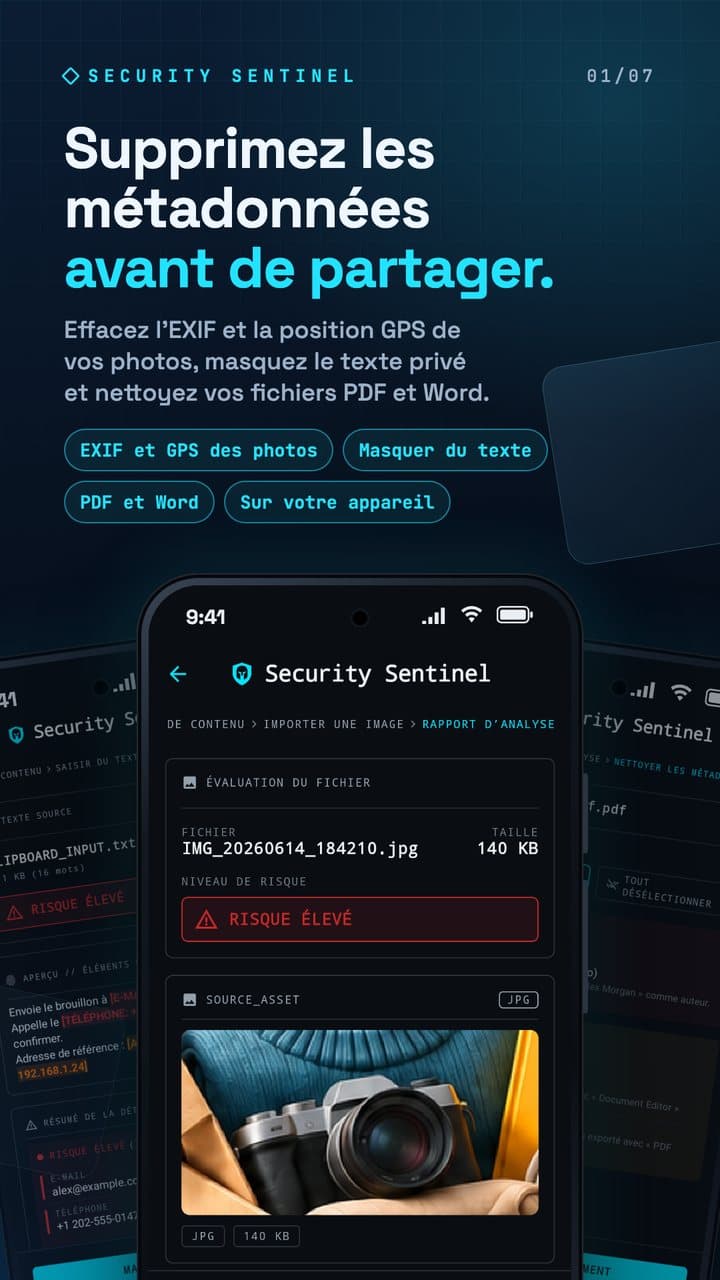 Rapport photo de Security Sentinel avec le titre Supprimez les métadonnées avant de partager.