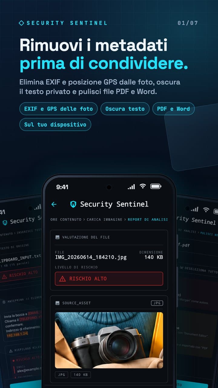 Report foto di Security Sentinel con il titolo Rimuovi i metadati prima di condividere.