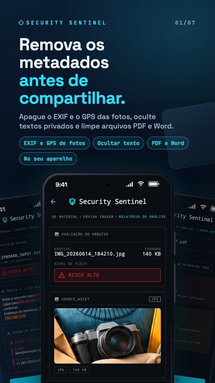 Relatório de foto do Security Sentinel com o título Remova os metadados antes de compartilhar.
