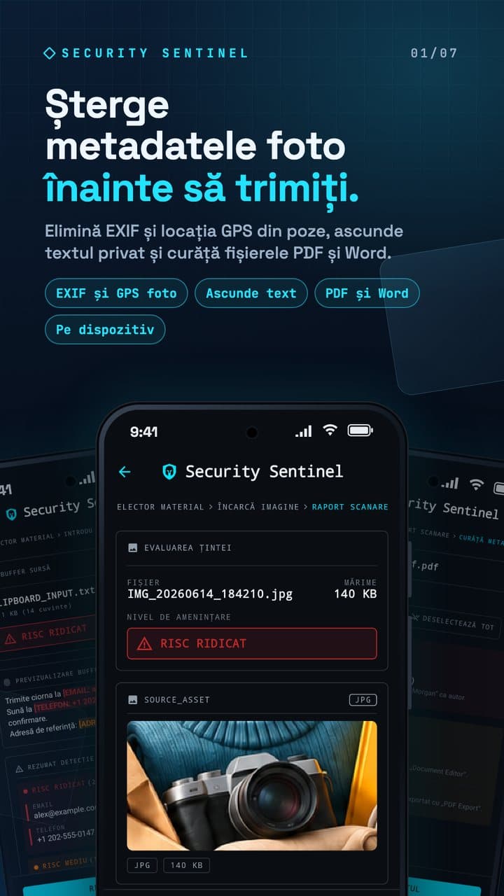 Raportul pozei din Security Sentinel cu titlul Șterge metadatele foto înainte să trimiți.