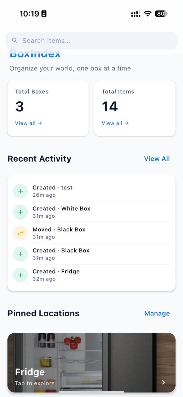 BoxIndex home screen